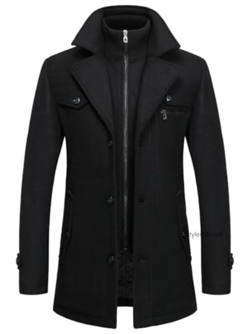 Men's Wool Blend Pea Coat Detachable Zipper Winter Warm